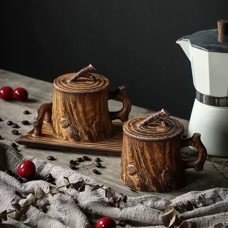 tasses-a-cafe-en-poterie-brute-faites-a-la-main-en-forme-de-souche-d'arbre-retro-au-design-unique-tasse-a-cafe-faite-a-la-main-avec-dessous-de-verre-art-latte-art-tasse