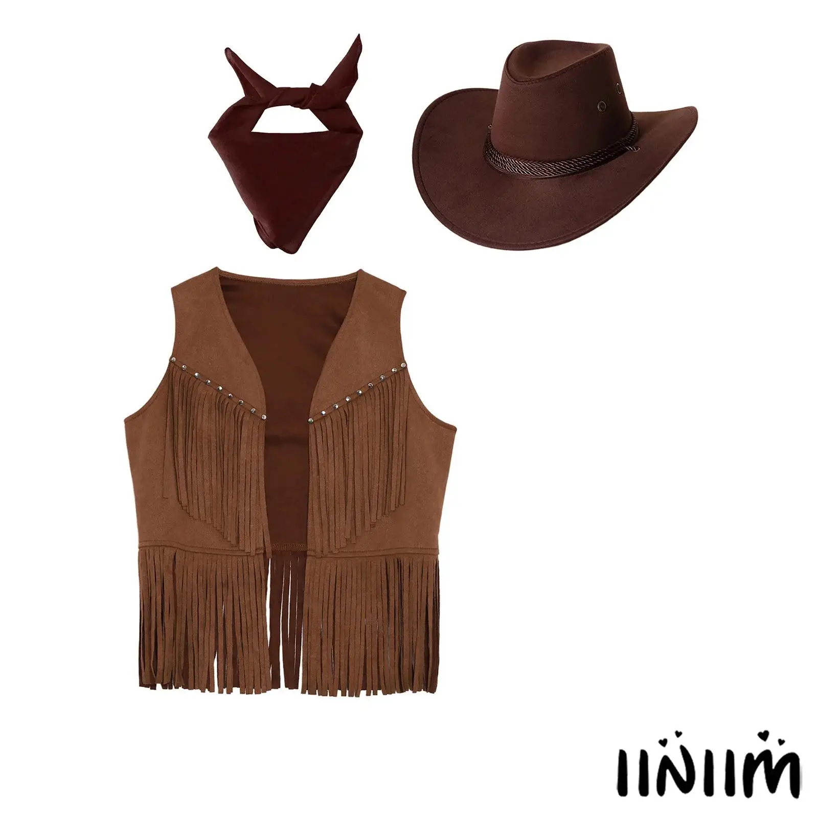 

Kids Girl Boy Western Cowgirl Costumes Open Waistcoat Stud Tassels Fringed Vest And Cowboy Hat Square Scarf for Stage Cosplay