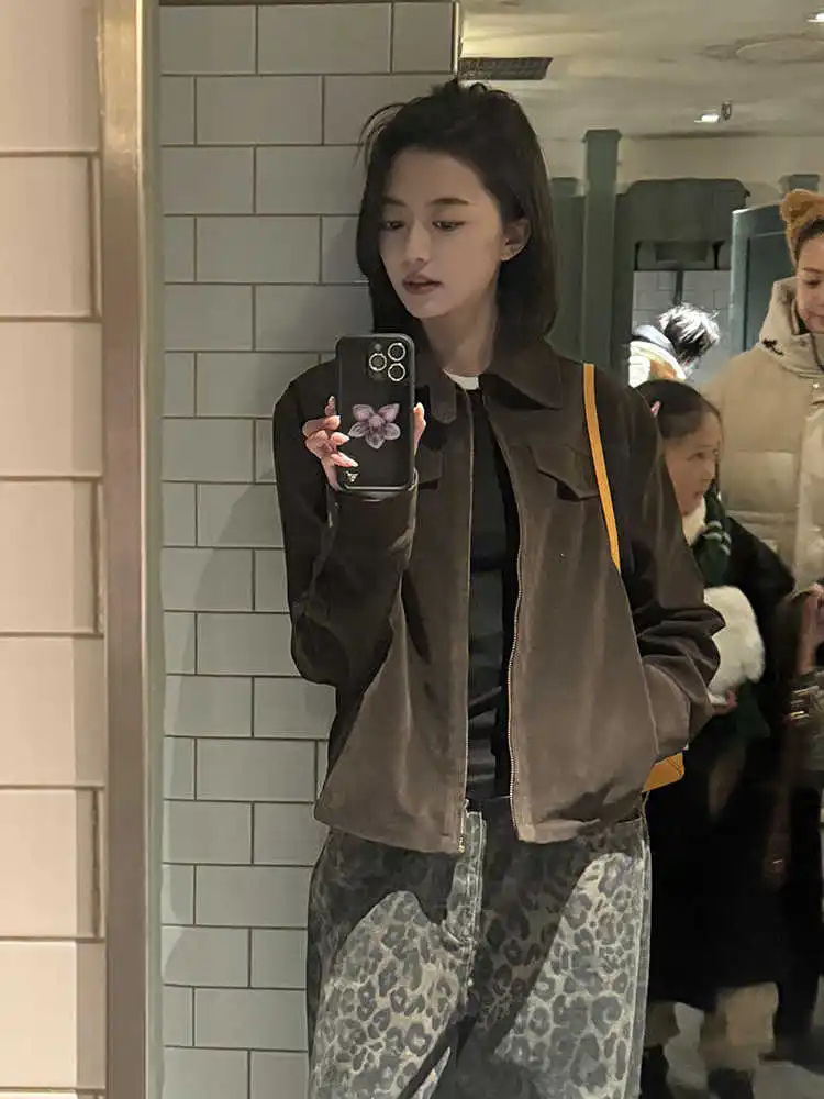 

Women's Coffee Colored Polo Collar Vintage Coat Spring Autumn Casual Top Vintage Outerwear Female Long Sleeved Jacket