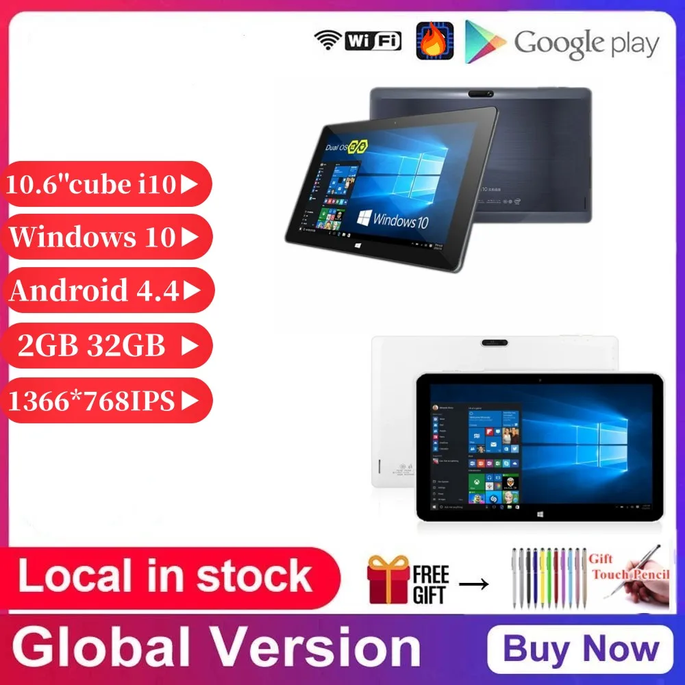 10.6 quad quad quad core 2gb ram 32gb rom cu ser i10 windows 10 + android 4.4 sistema duplo tablet pc 1366*768 ips tela de toque suporte wi-fi