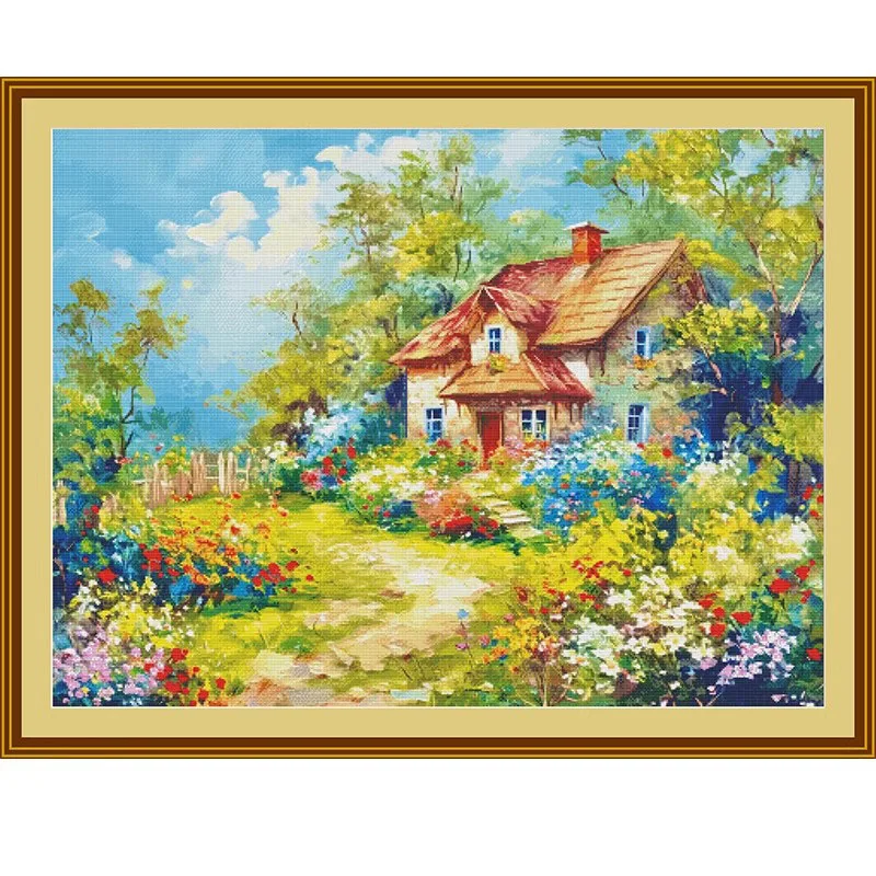 

Spring Garden Cabin 14CT 16CT Printed On Canvas Cross Stitch DIY Set Chinese Pattern Kit Home Needlework Embroidery 124 Colors