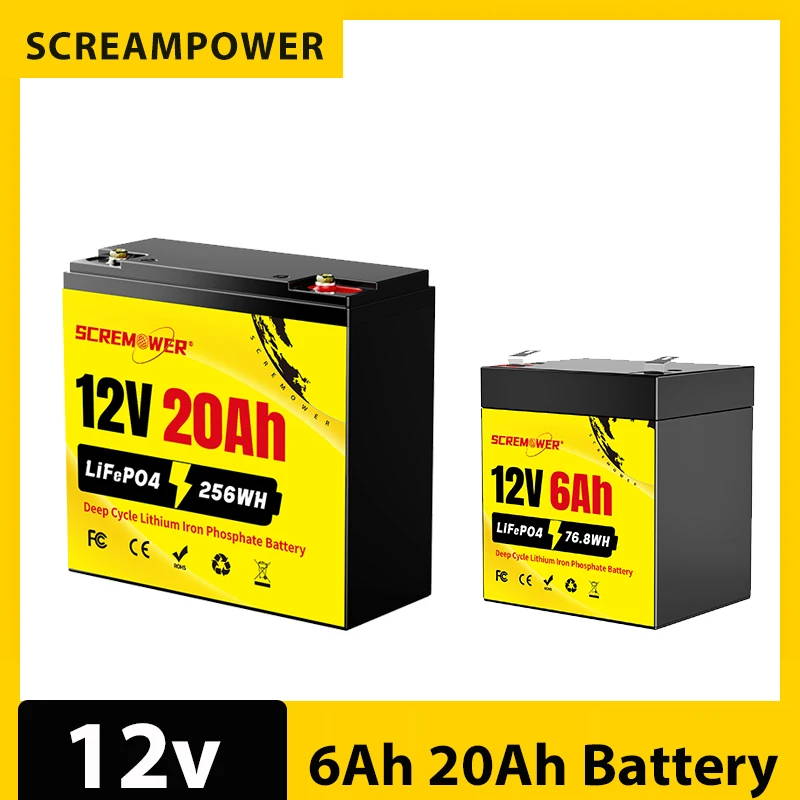 12V 20Ah 6Ah Lithium LiFePO4 Deep Cycle Rechargeable Battery 4000 Life Cycles&10-Year Lifetime Built-in BMSfor RV,Solar,Marine