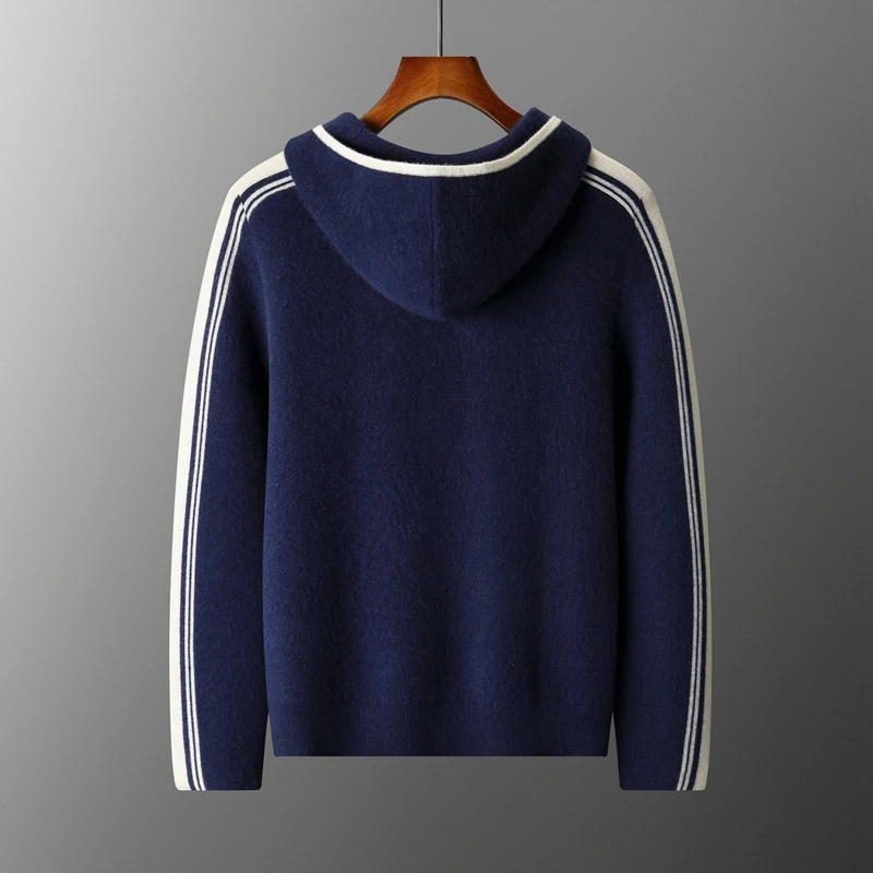 Winter 100% Pure Wool Cardigan Men's Hooded Sweater Loose Casual Plus Size Knitted Coat Cashmere Sweater