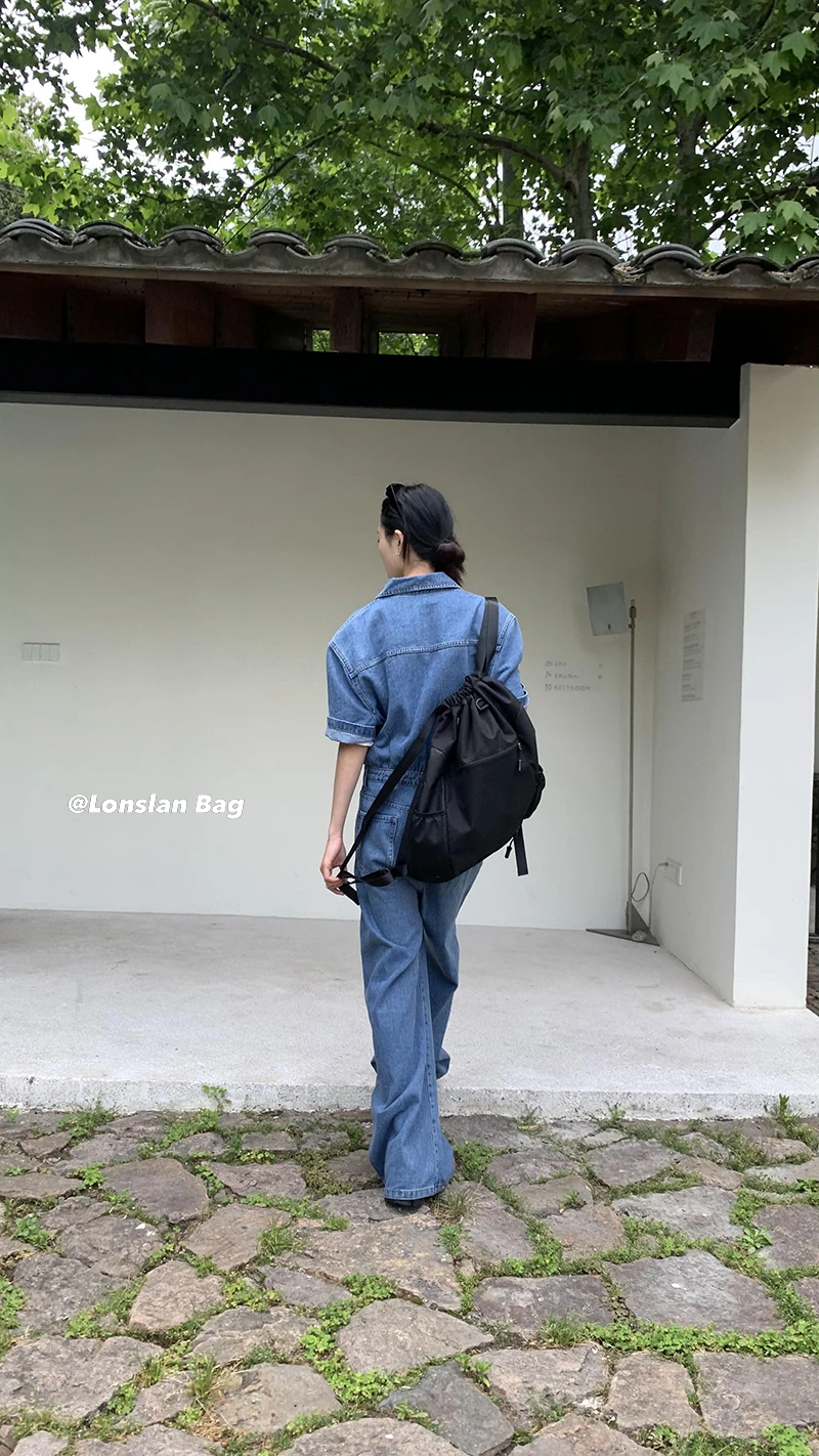 Tas punggung nilon wanita, ransel perjalanan tali serut warna Solid, desain Niche Y2k