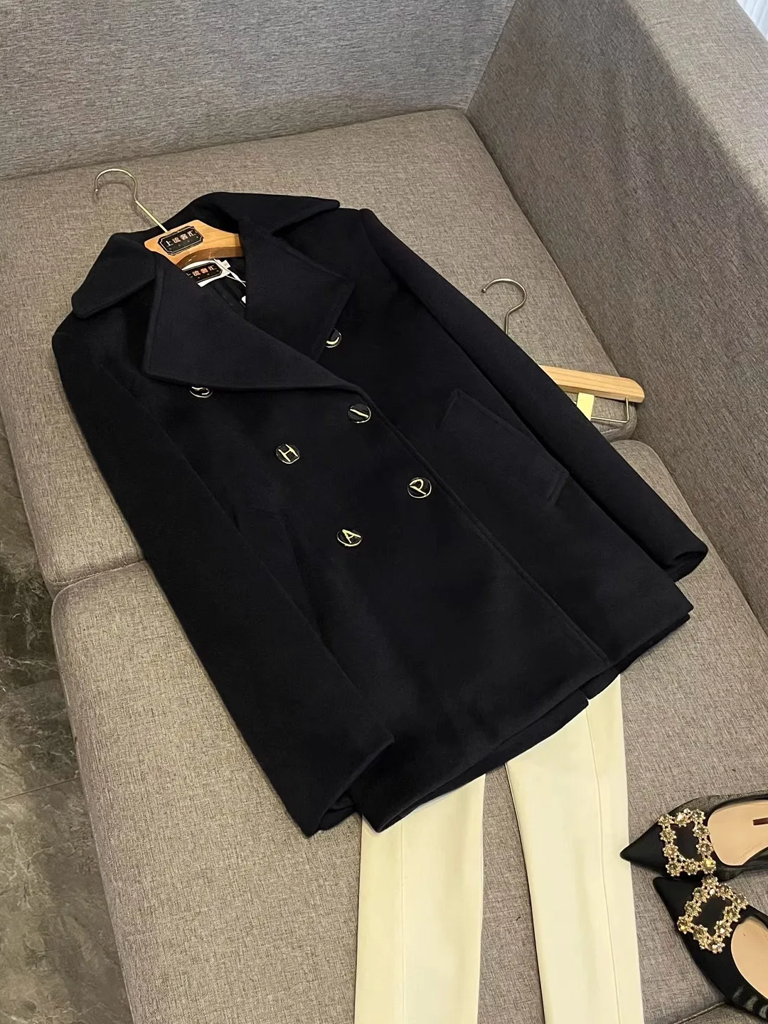 

Женское шерстяное пальто Ele: свободный прямой крой, зимняя модная верхняя одежда, классический отложной воротник, длинный рукав, двойная застежка на пуговицах