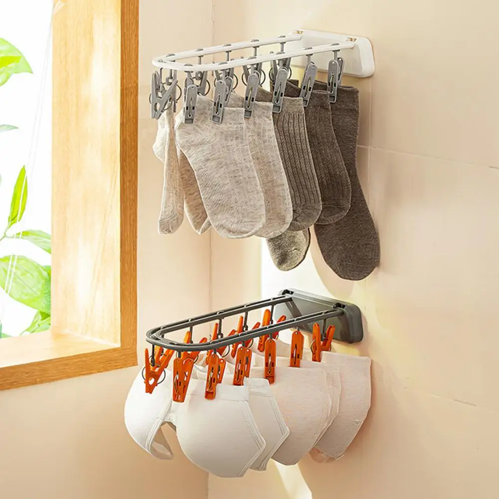 Socks Drying Rack Wall-Mounted Multiple Clips Strong Load Bearing Windproof Foldable Hanger Drying Clip Household Supplies