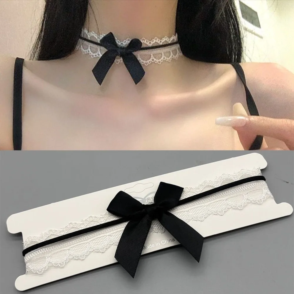 Sexy White Lace Ruffle Trim Black Bowknot Choker Necklace for Women Long Ribbon Neck Strap Decoration Party Birthday Jewelry