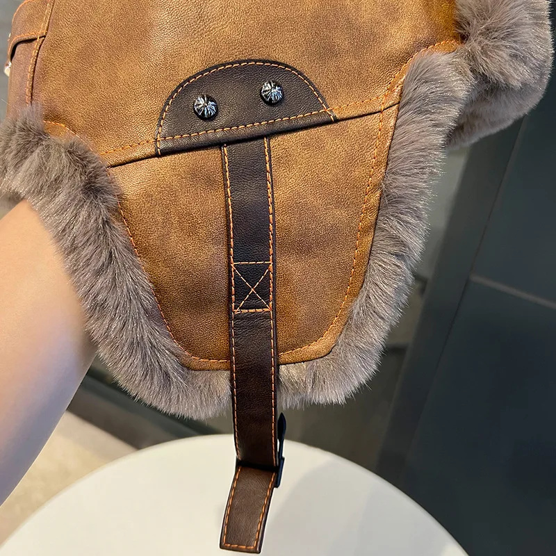 Vintage Lei Feng Hut für Männer Motorrad Pu Leder Hut Verdickte Winter Gehörschutz Hut Winter Warm Radfahren Winddicht Hut – Detail 8