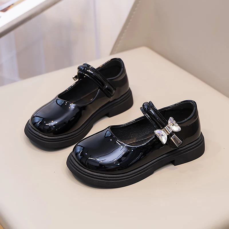 Kids Loafers Black Children Fashion Girls Leather Shoes for School Round-toe PU 2024 New Spring Autumn New Hook & Loop Simple