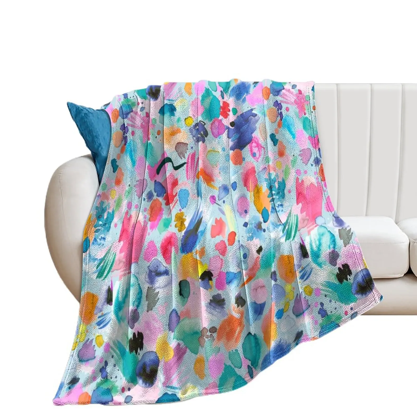 Artist Color Palette - Abstract Watercolor Blots and Scribbles Blue Throw Blanket Soft Sofa Throw Blankets