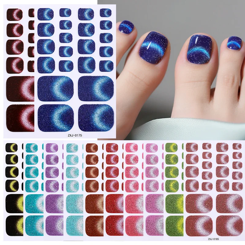 22 Tips Glanzende Voet Nagelstickers Volledige Dekking Kat Magneet Effect Gel Nail Wraps Glitter Zelfklevende Langdurige Gel Pedicure tool