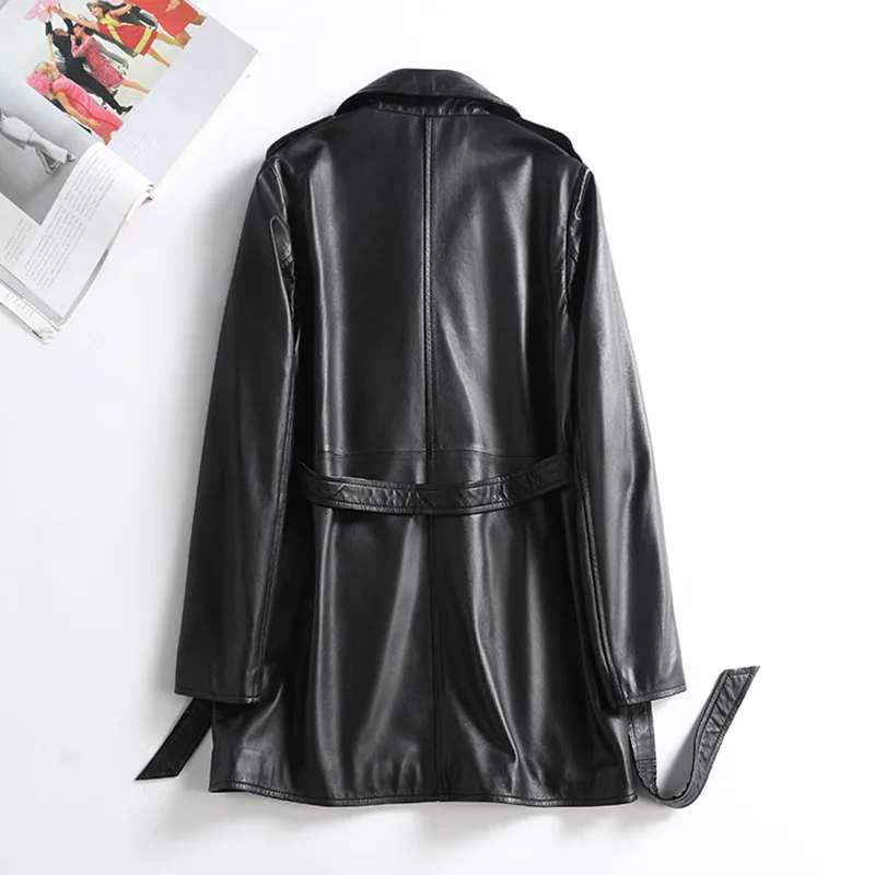 Women Leather Jacket Solid Belt Long Genuine Sheepskin Coat 2024 New Overcoat Retro CL4030