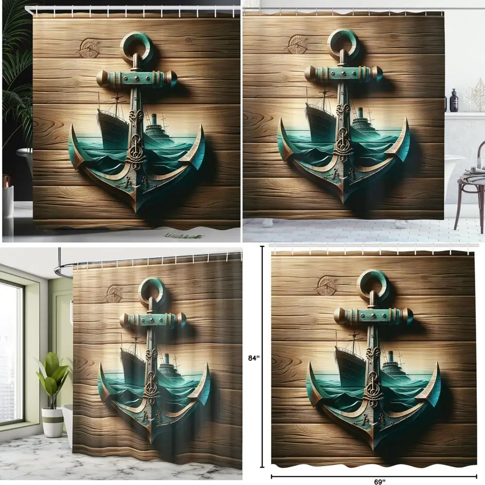 

Морская занавеска для душа: абстрактный парусный корабль и якорь на океанских волнах, тканевый декор для ванной комнаты.