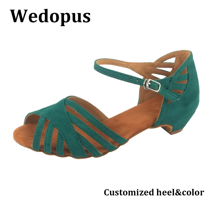 Wedopus الزيتون فو الجلد المدبوغ أحذية الرقص كعب منخفض الجلد المدبوغ وحيد سانشا قاعة الرقص امرأة الصنادل 3 سنتيمتر كعب مربع