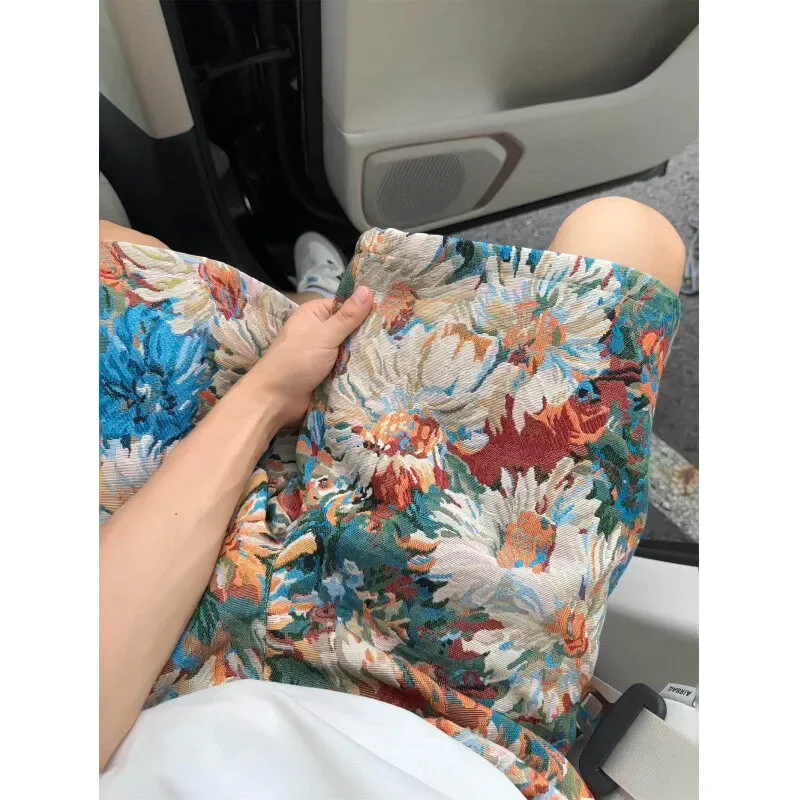 Mens Summer Floral Print Knit Casual Shorts for Beach Vacation Daily Wear