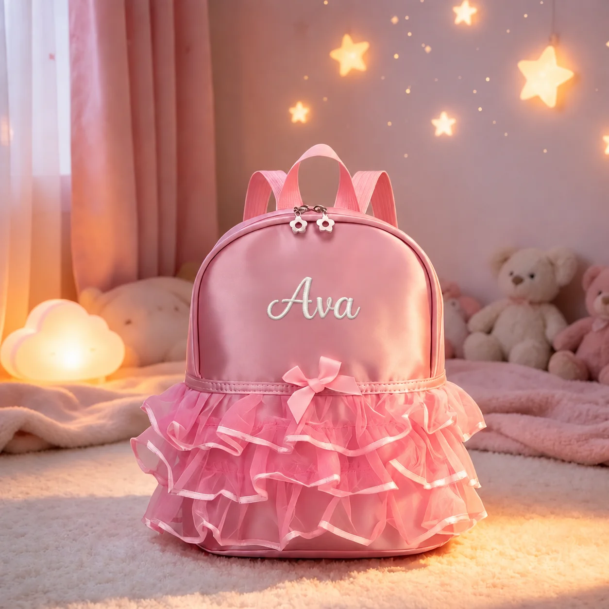 Rosa Rucksack mit besticktem Namen und Schleife, süßer mehrschichtiger Prinzessinnen-Rüschen-Tüll-Rucksack, perfekt als Geburtstags- und Weihnachtsgeschenk – Detail 9
