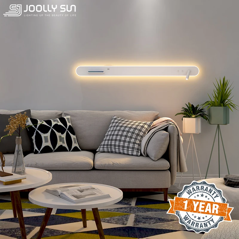 

JoollySun LED Wall Lamp Strip Bedside Wall Light Modern Room Decor Tricolor Lighting Fixture Wireless & USB Charging with Switch