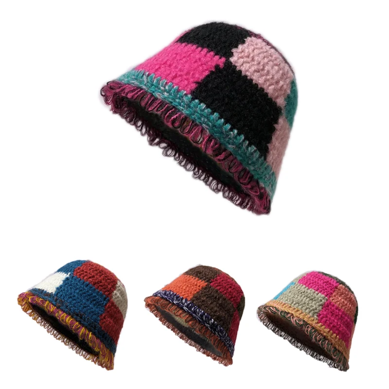 

Japanes Contrast Color Paid Bucket Hats Women Winter Wool Fuzzy Knitted Panama Hat Ladies Fringed Brim Beanie Warm Fisherman Cap