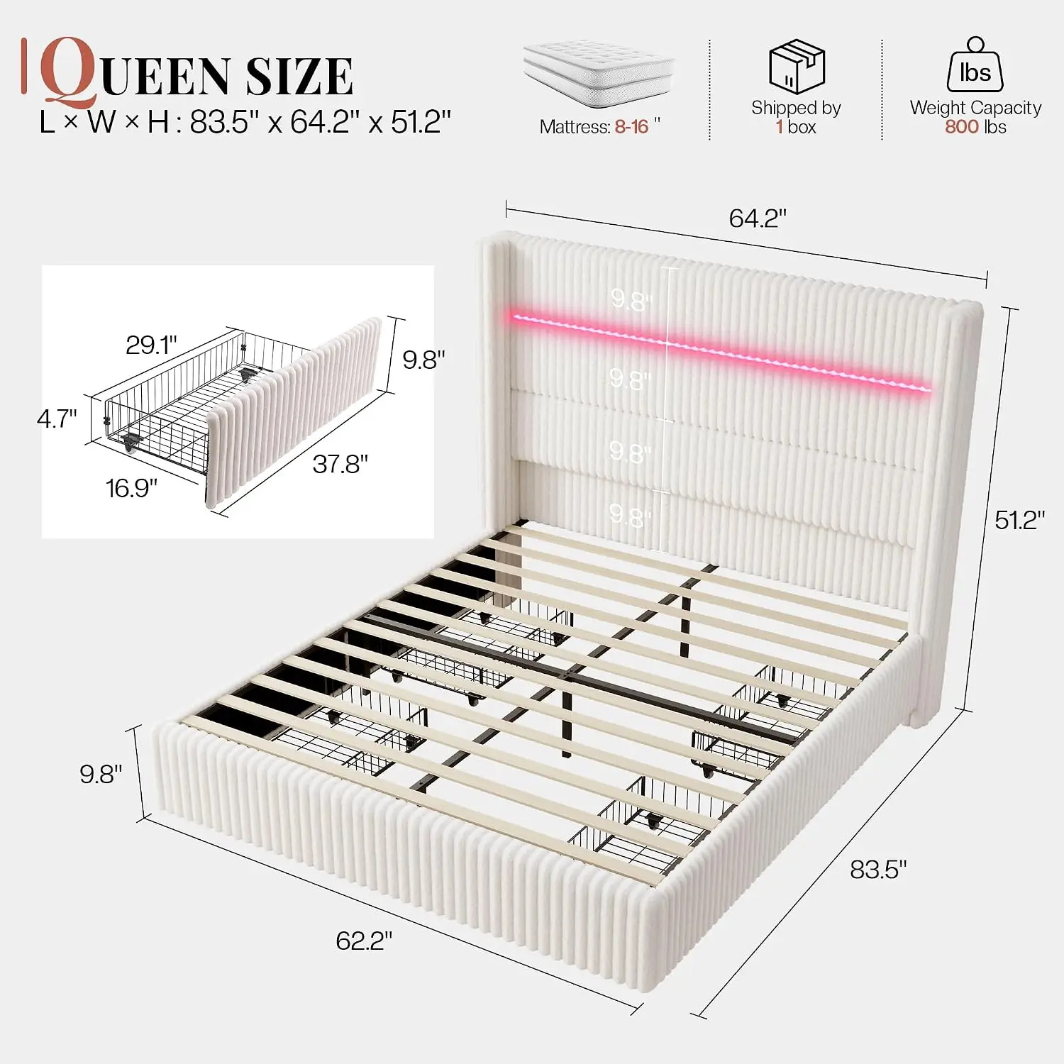 Queen Storage Bed Frame/Corduroy 51.2