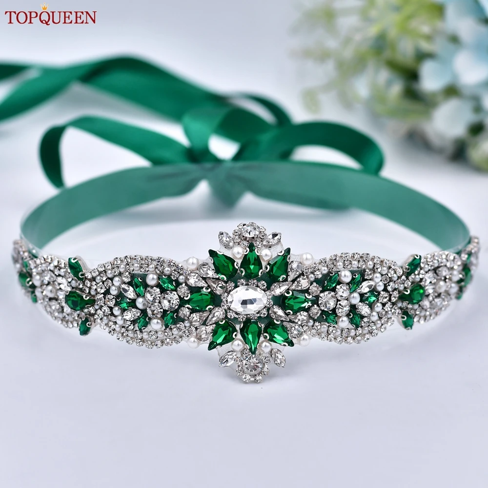 TOPQUEEN-faja de diamantes de imitación para mujer, cinturón para vestido de novia, piedra de joyería verde, aplique a mano, cinta de fiesta, S84-KL