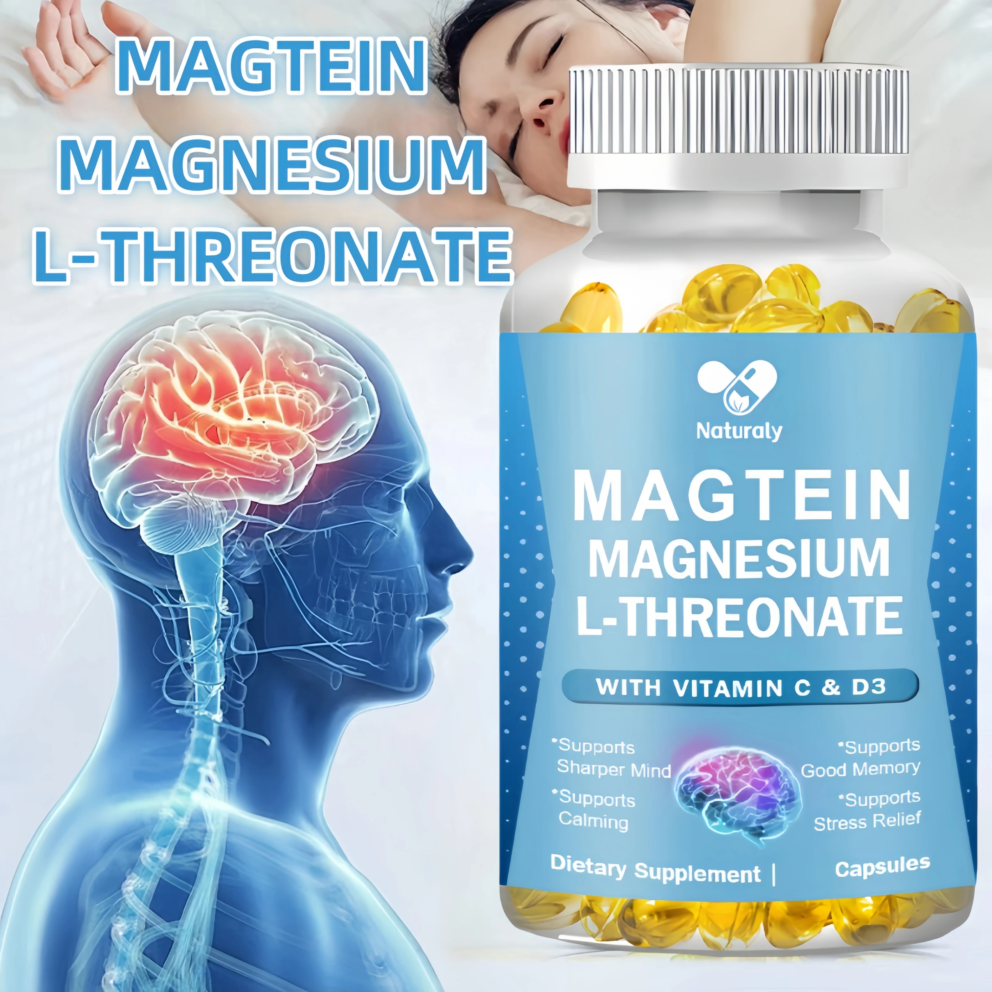 Magnesium L-Threonate (Magtein) - Boosts Brain Health, Memory & Focus, Sleep & Recovery, Reduces Fatigue 120 Capsules