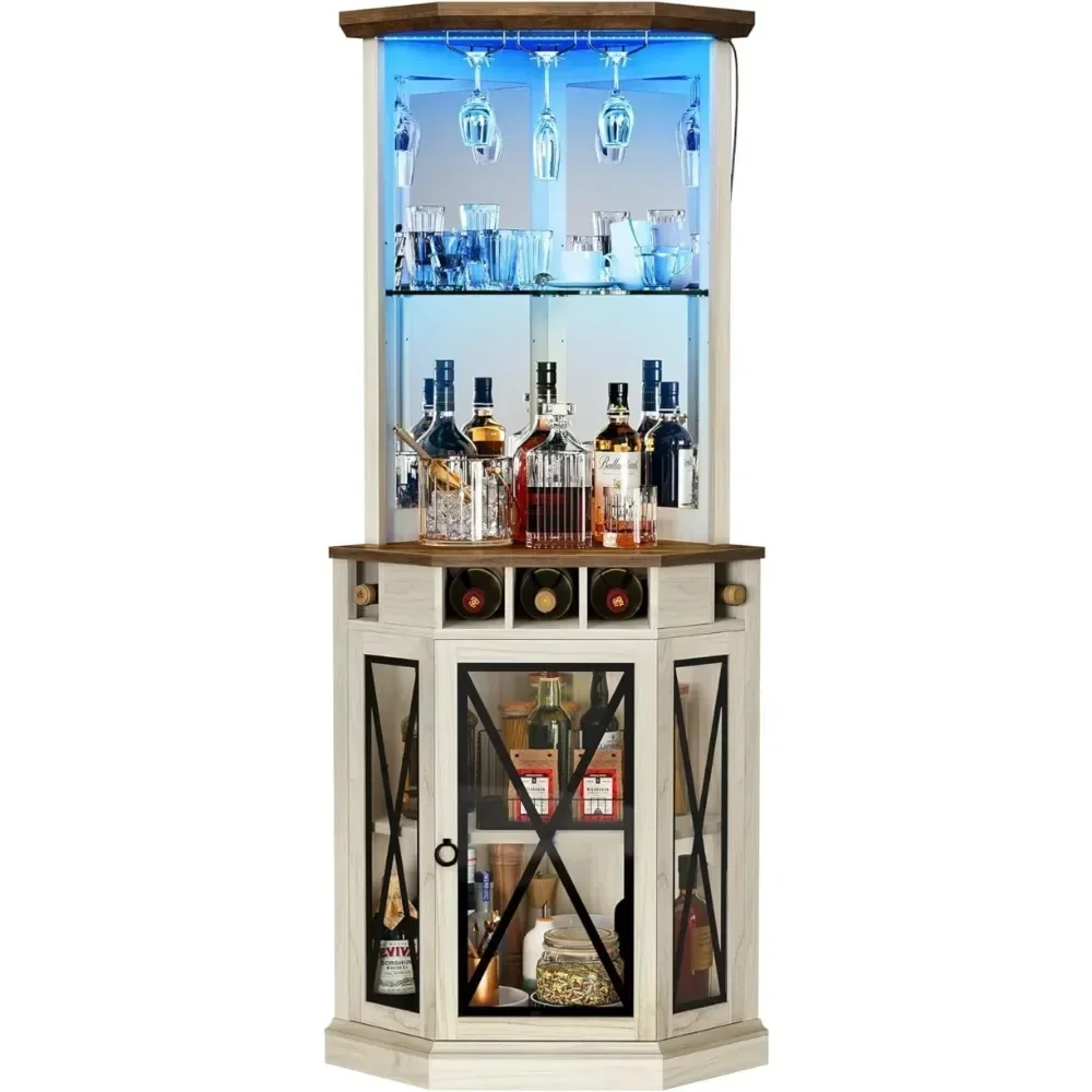 Corner Bar Cabinet w/ LED Lights, 72" Tall Farmhouse Wine Bar Cabinet w/Visualization Glass Door & Adjustable Shelves, Off White