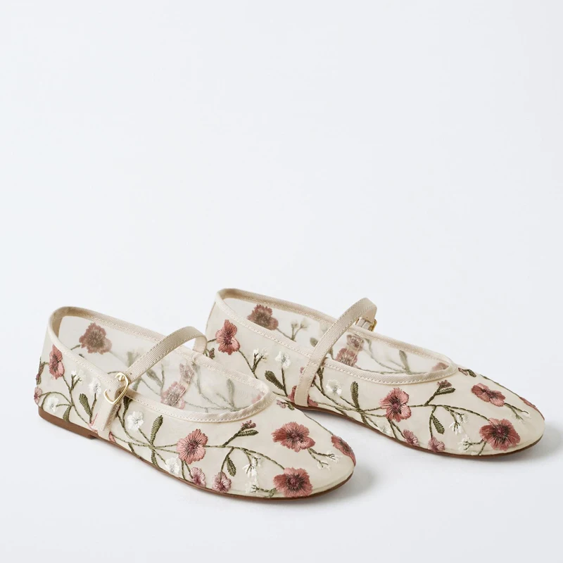 

Ballet Flat oes Women's New Summer Beige Me Embroidered Flower Decorated Single Strap Bule Faionable Flats ZA2025