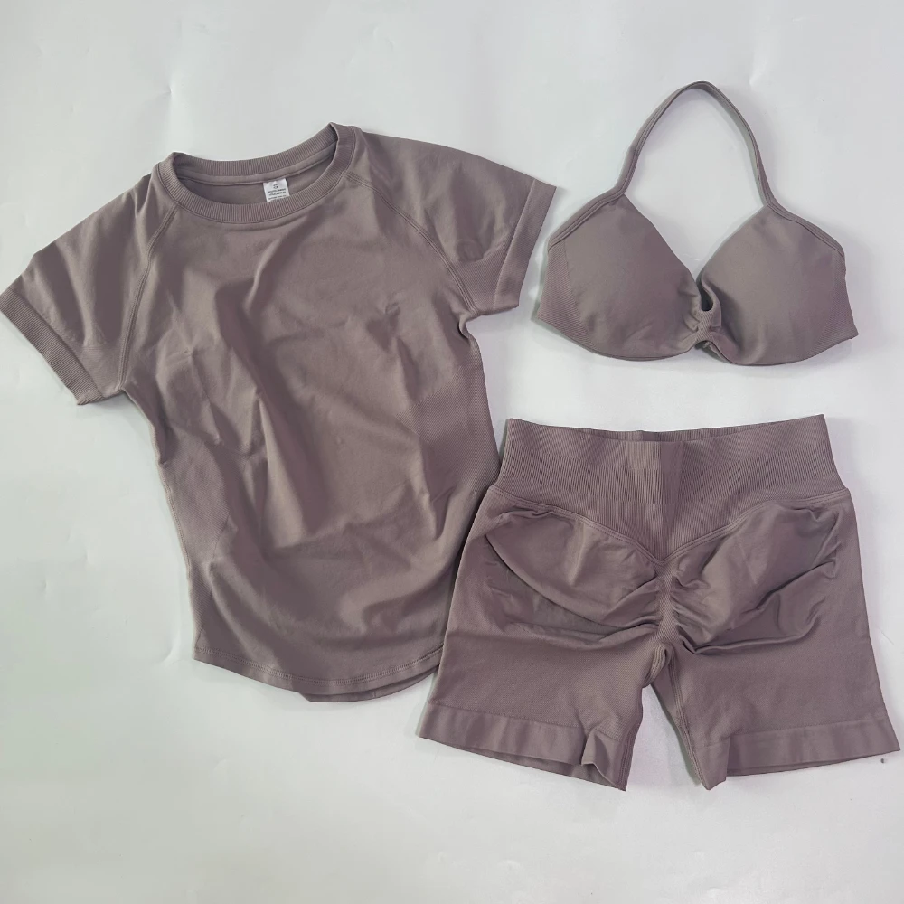 3-teiliges Workout-Set für Damen: Sport-BH mit Trägern + Sport-Top mit langen Ärmeln + Yoga-Shorts, Sportanzug, Yoga-Kleidung, Fitness-Outfit – Detail 21