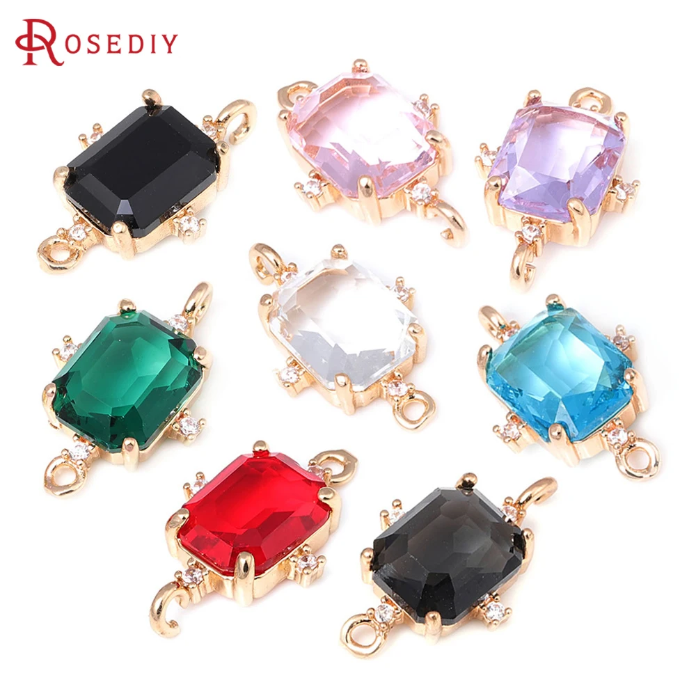 Breloques rectangulaires en laiton et verre couleur or 18 carats, 2 trous, connexion, fournitures de fabrication de bijoux, boucles d'oreilles, accessoires pour femmes, 6 pièces