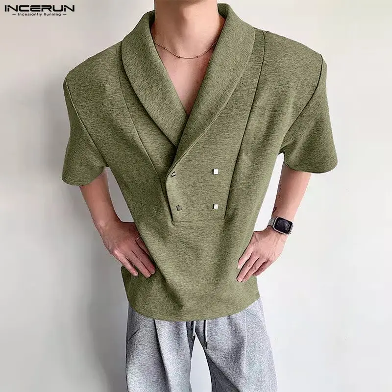 

INCERUN Men Shirt Solid Color Lapel Short Sleeve Loose Men Clothing Summer Streetwear 2025 Korean Style Fashion Casual Shirts