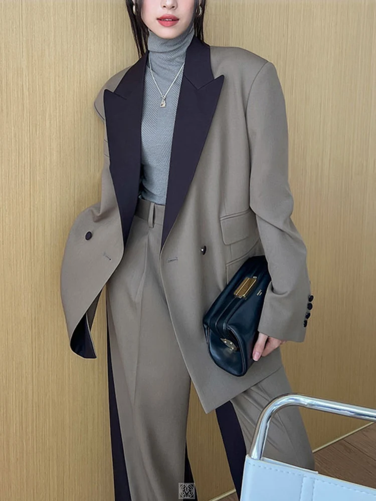 Big Size Brown Blazer Wide Leg Pants Two Piece Suit New Lapel Long Sleeve For Women Fashion Tide Spring Autumn 2024