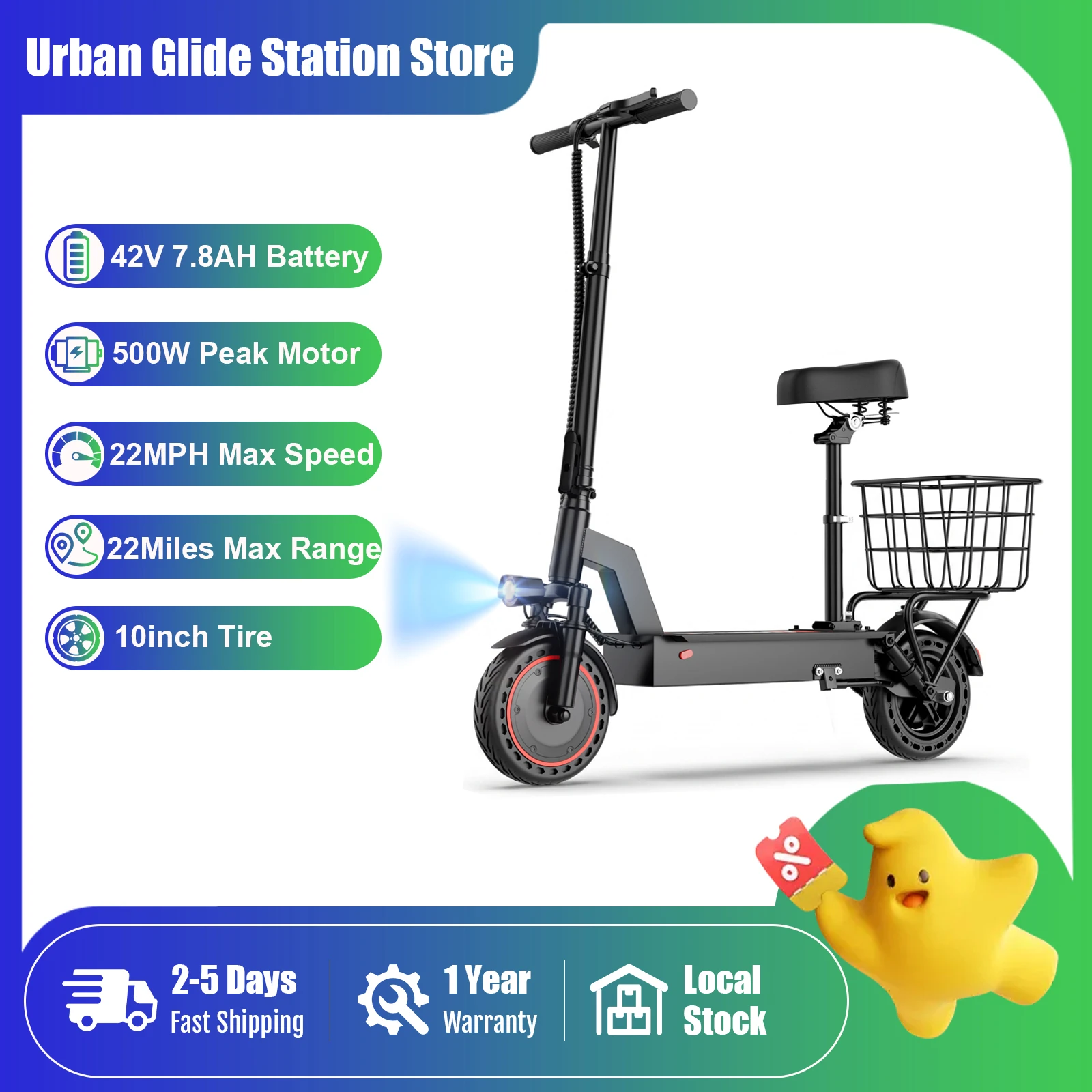 2026 New 10inch Solid Tire Electric Bicycle with Basket 500W Powerful Motor 7.8AH Battery 22Miles Max Range 22MPH Max Speed Dua Shock Absorption Foldable Adult Ebike for Commuting