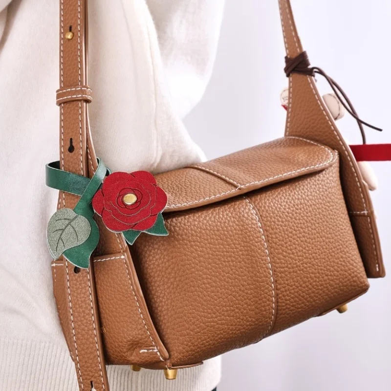 Vintage Rose Sunflower PU Leather Bag Charm, Handmade Solid Color Flower Bag Accessory Decorative Pendant For Tote Crossbody Bag