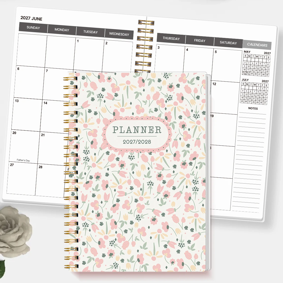 1PC 2027-2028 A5 Monthly Planner Notebook, Pink Floral Spiral Organizer for Work, School & Daily Planning