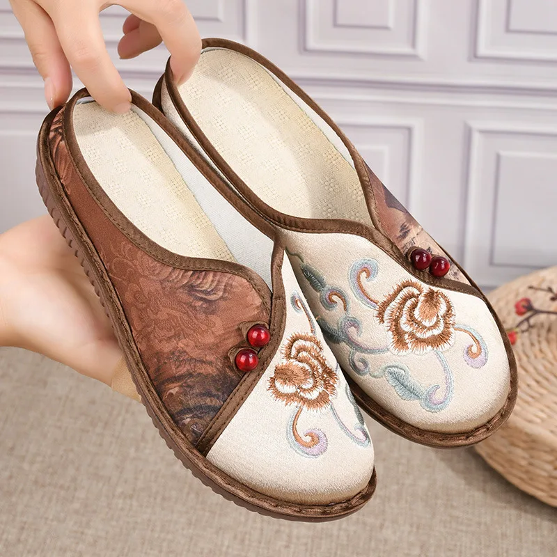 

Summer Breathable Cloth Shoes Lady Soft-soled Round Toe Half Slippers Soft-soled Ethnic Style Embroidery Women's Shoes