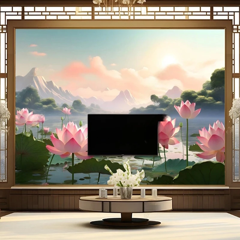 Custom Mural Wallpaper Chinese Lotus Flower Landscape Fresco Living Room Study TV Art Home Decor Waterproof 3D Wall Sticker