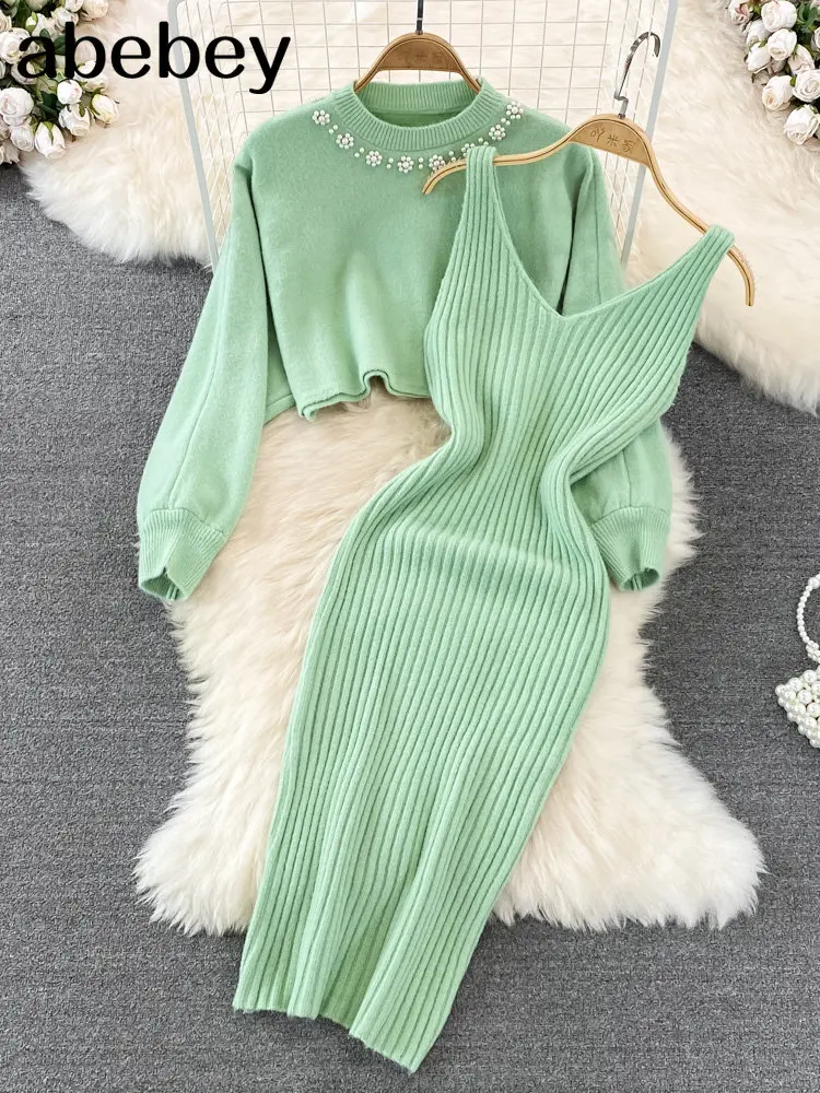 2022 Beading Knitted Women Sets Loose Long Sleeves Sweater+ Solid Elastic Dress French Style Casual Two Piece Set