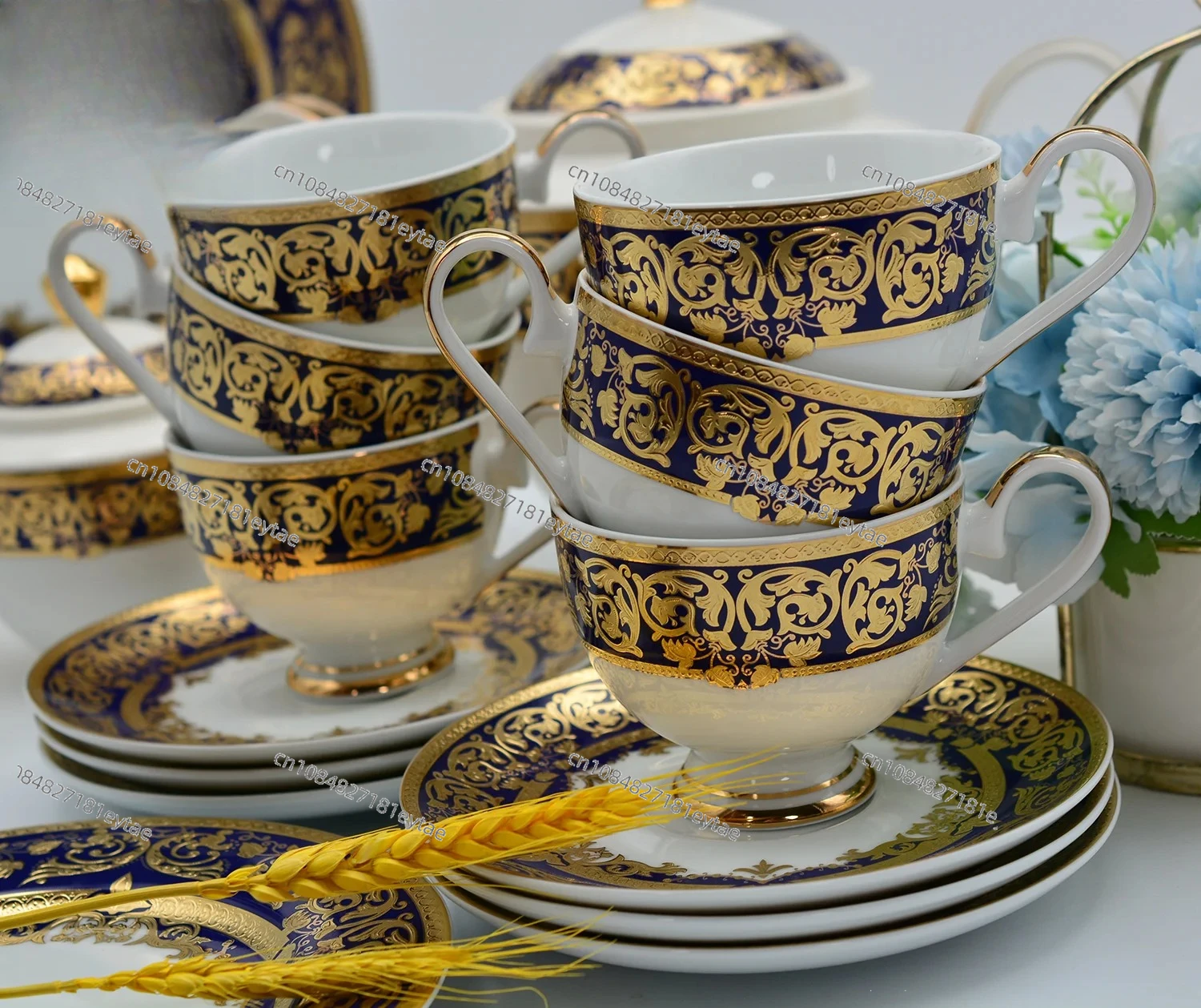 24pcs Luxury Style Bone China Porcelain Embossed Gold Include Dessert Dish Plate Gift Wedding Afternoon Coffee Tea Cup Set