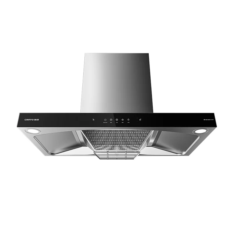 High-quality Smart Home Range Hood Black Glass Panel 90cm Width Powerful Suction Wall-mounted
