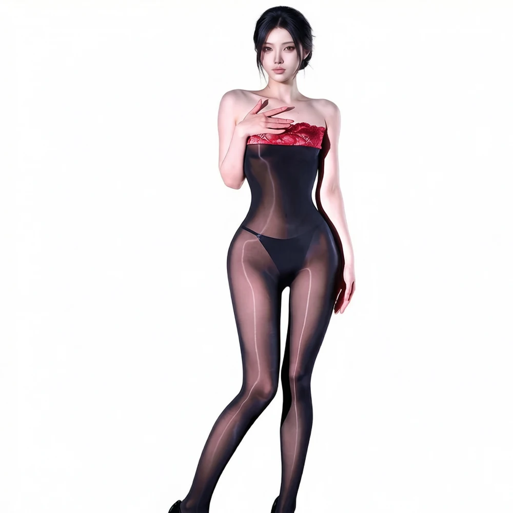 

Women 5D Thin Lace Strapless Bodysuit Oil Shiny One Pieces Thong Jumpsuit Open Crotch Elastic Tights Yoga Shaping Maid Leotard