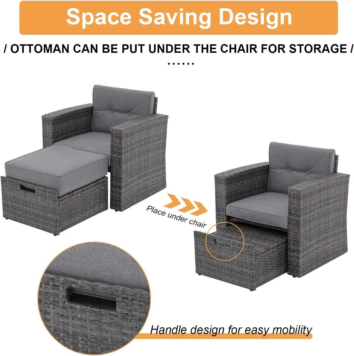 5PCS Patio Conversation Set, Rattan Outdoor Couch w/ Ottoman, Outdoor Sofa Set w/ Tempered Glass Side Table for Poolside Garden