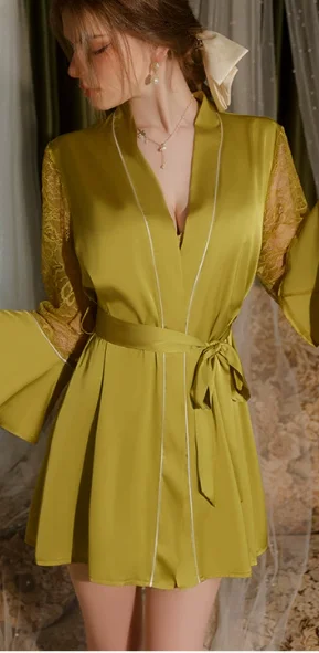 New Design Autumn Silk Nightgown Satin Suspenders Nightdress Women's Deep V Lace Pajamas 3 Pieces Home Dress Set