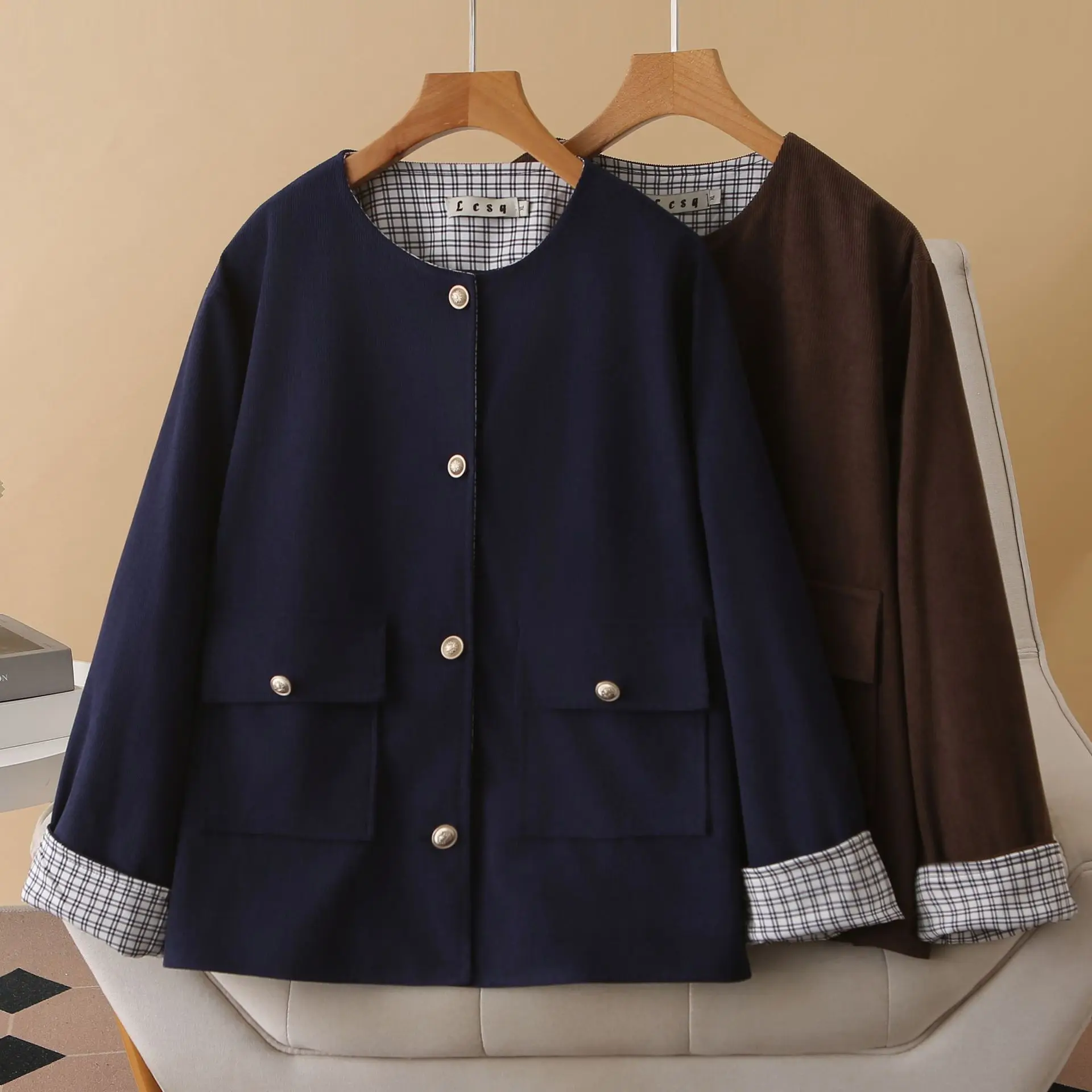 

XXXXL New Stylish Plaid Cuff Corduroy For 2025 Autumn Coat Fashion Plus Size Women's Jacket