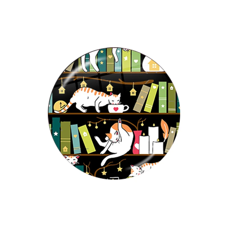 Library Cats Whimsical Cats On The Book Shelves 12mm/16mm/18mm/20mm/25mm/30mm Round Photo Glass Cabochon Demo Flat Back Making