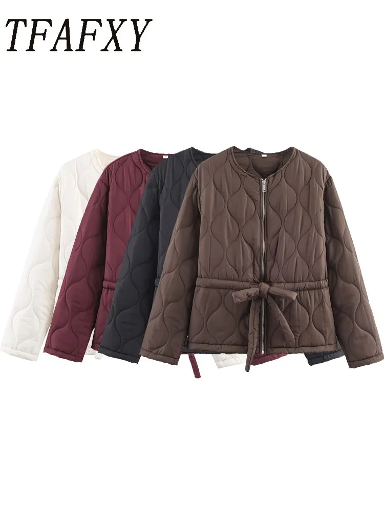 

TFAFXY женская стеганая стеганая куртка 2025, зимняя тонкая молния с регулируемой талией, свободное хлопковое пальто, женская повседневная верхняя одежда, парки