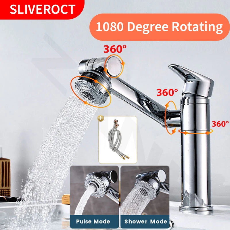 New 1080 Degree Basin Faucet Water Tap Bath Swivel Sliver Bathroom Faucet Aerator Single Handle Sink Tap Mixer Hot and Cold Sink