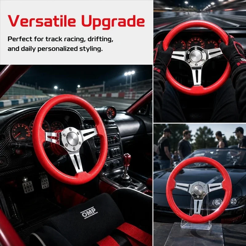 High Quality Red Carbon Fiber Pattern Vintage Racing Steering Wheel With Three Spoke Polished Chrome Interior Accessory