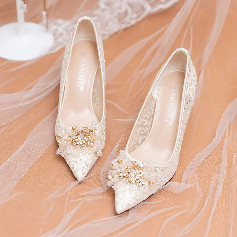 Champagne Lace Bridesmaid Shoes Rhinestone Pearl Mesh High Heels Wedding Party