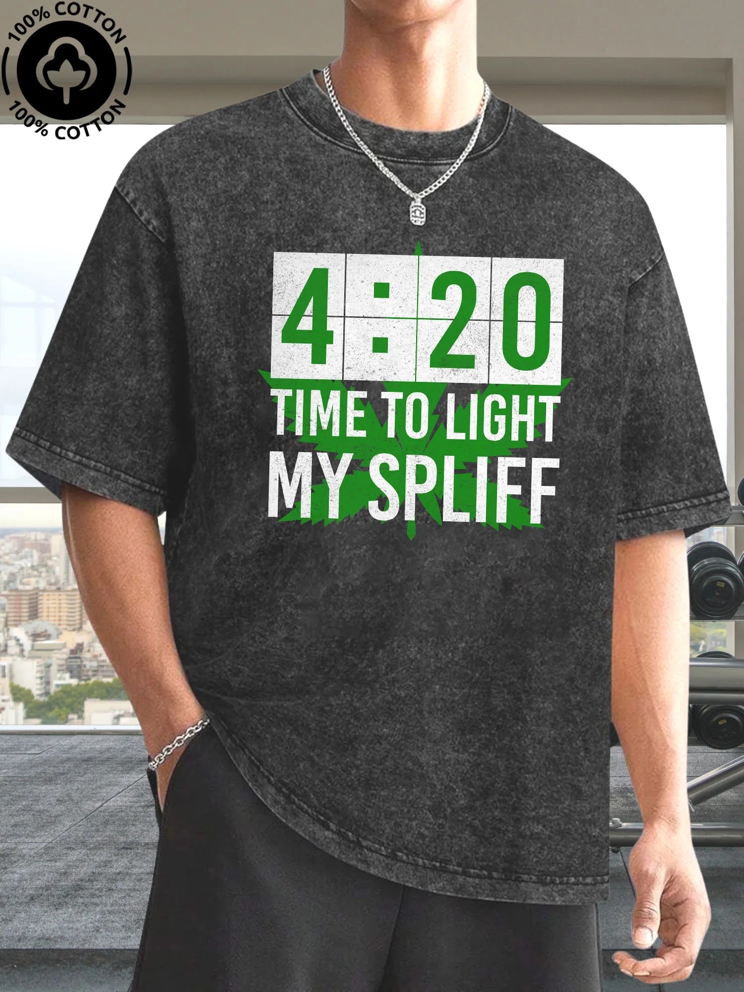 

420 Time To Light Men's Graphic Tee, 100% Cotton Vintage Black T-Shirt, Retro Street Acid Washed Tee