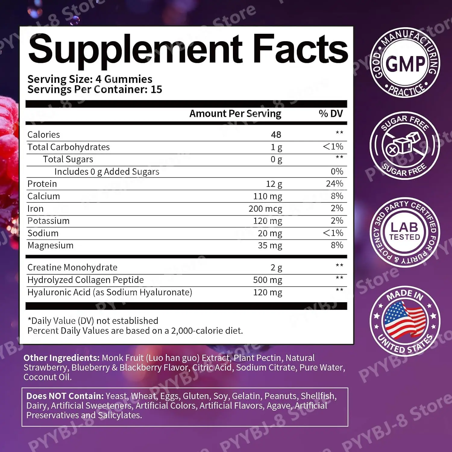 Whey Protein Gummies,Muscle Strength Support,Athletic Performance Boost,Skin Nourishing,Creatine,Collagen Peptide,60 Gummies